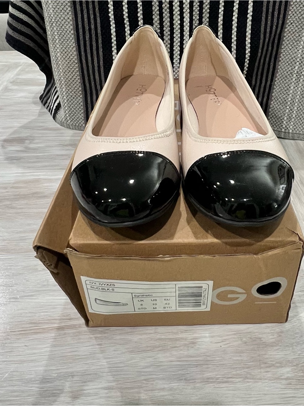 hotter Two-Tone Ballet Flats in Light cream with Black Patent Cap
